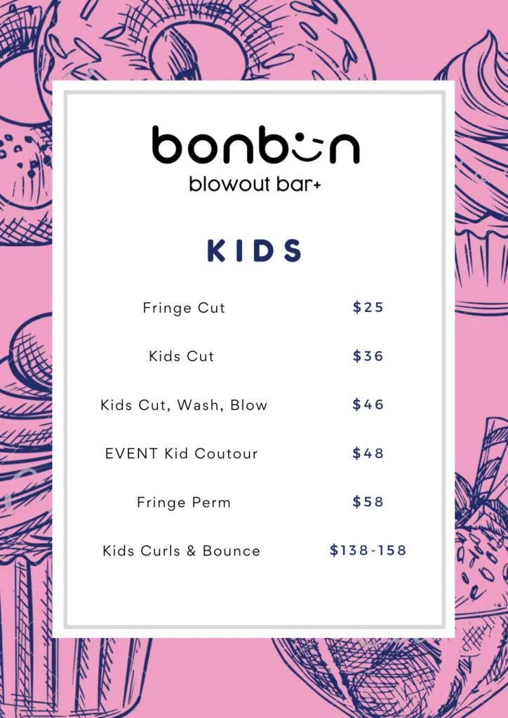 Kids haircut service price list at Bonbon Blowout Bar+.