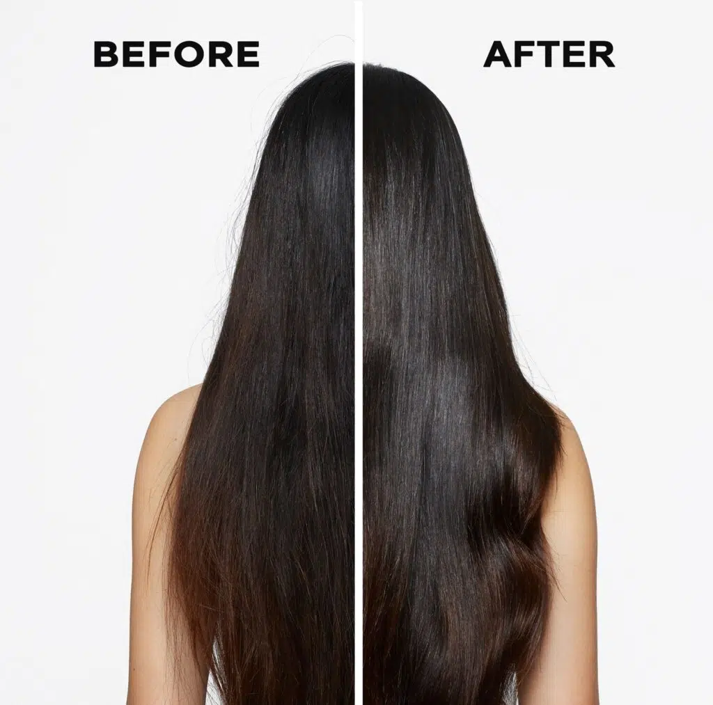 Before and after Aura hair treatment results showing smooth shiny hair at Bonbon Blowout Bar+.