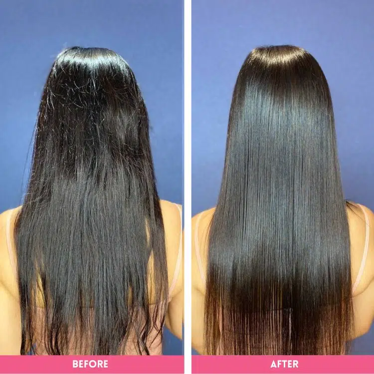 Bonbon Blowout Bar+ Aura hair treatment before and after showing silky straight results.